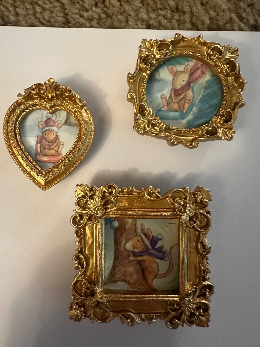 Set of 3 Gold Framed Winter Micr Miniature Art magnets.